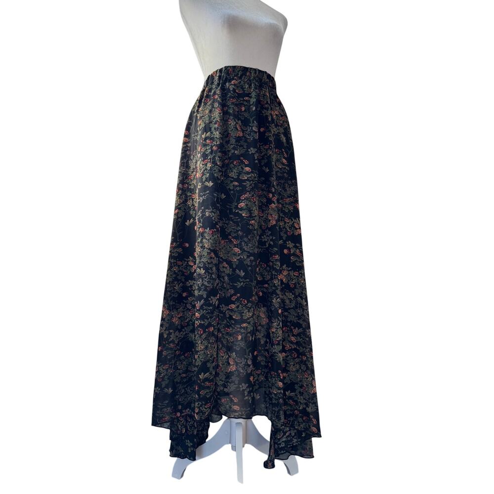 Black Floral Print Asymmetrical Elastic Waist Maxi Skirt